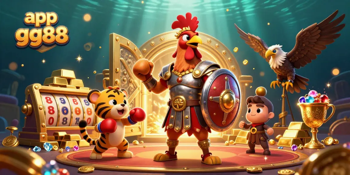 Join the excitement with app gg88, the ultimate gaming adventure featuring a rooster gladiator and a tiger cub in a vibrant casino scene.