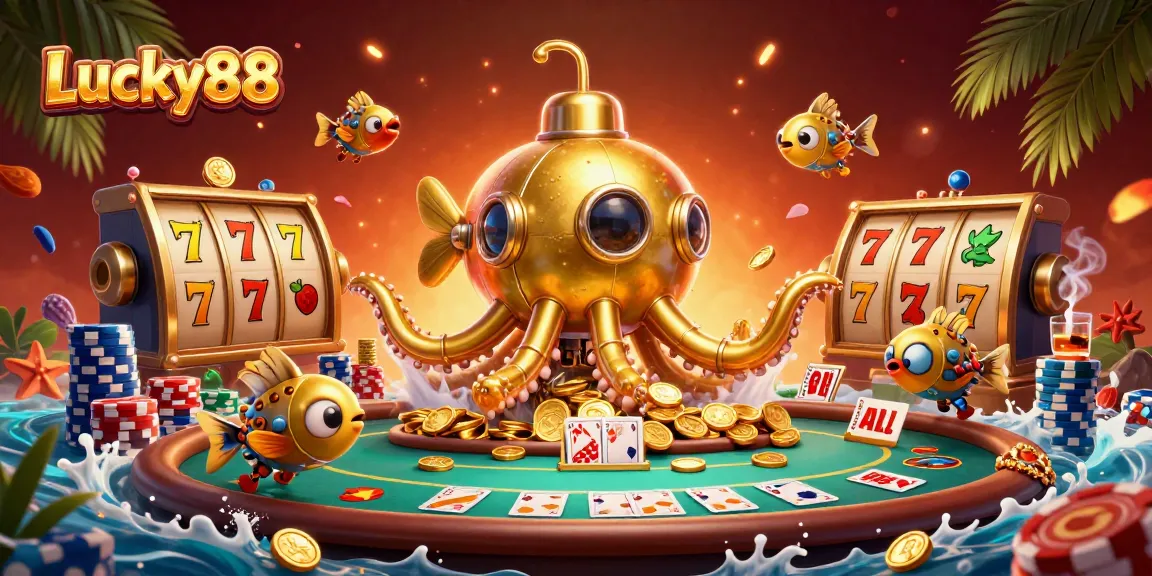 Experience thrilling gameplay with Lucky88 showcasing golden kraken submarine amidst vibrant casino elements.