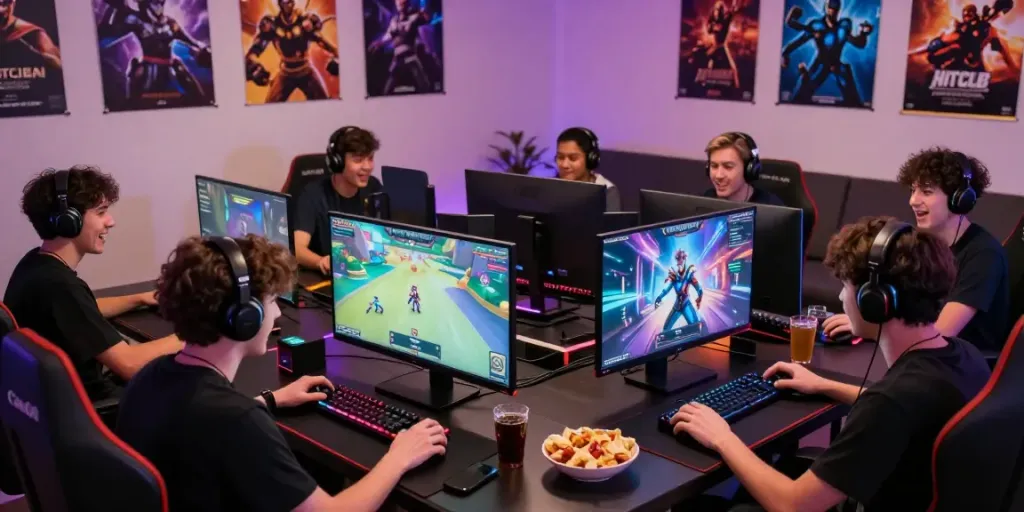 Engaged gamers enjoying the HITCLUB experience in a lively digital setting.