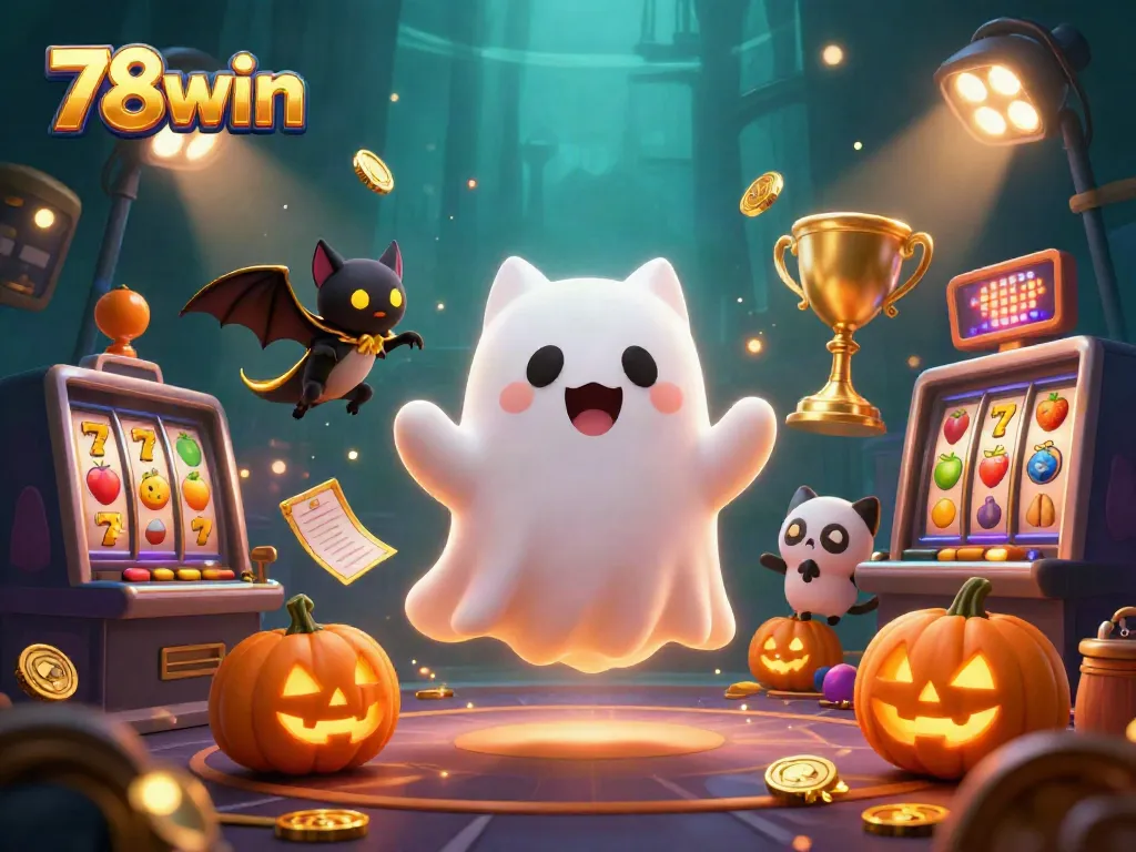 Engage in thrilling games with the 78win ghost cat in a vibrant haunted casino scene.
