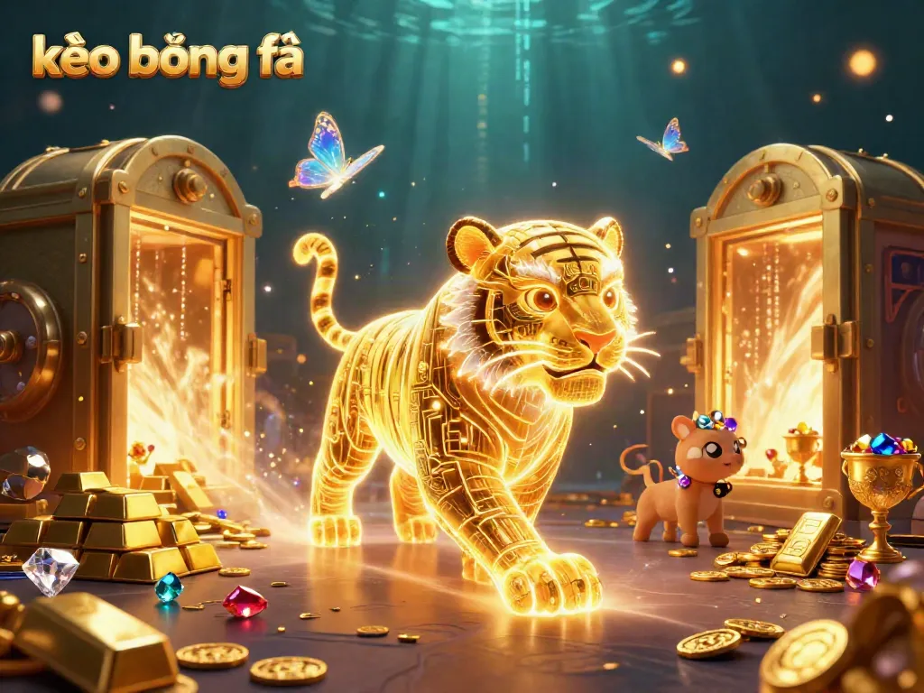 Engage in kèo bóng đá with a vibrant 3D casino scene featuring a golden tiger and sparkling treasures.