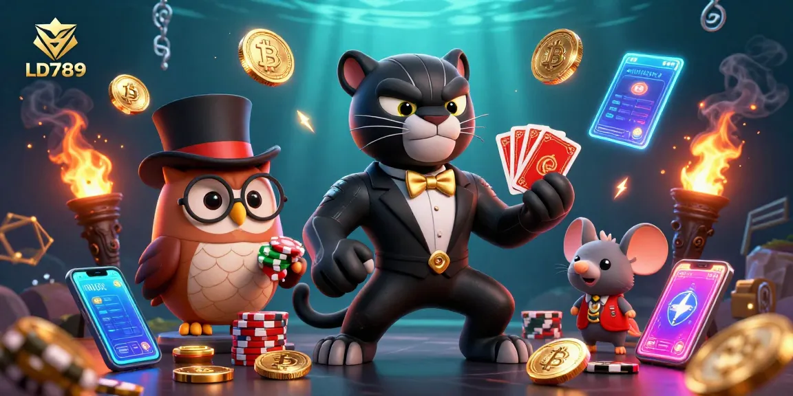 Deal cards and roll the dice with LD789 in a vibrant casino scene filled with crypto elements.