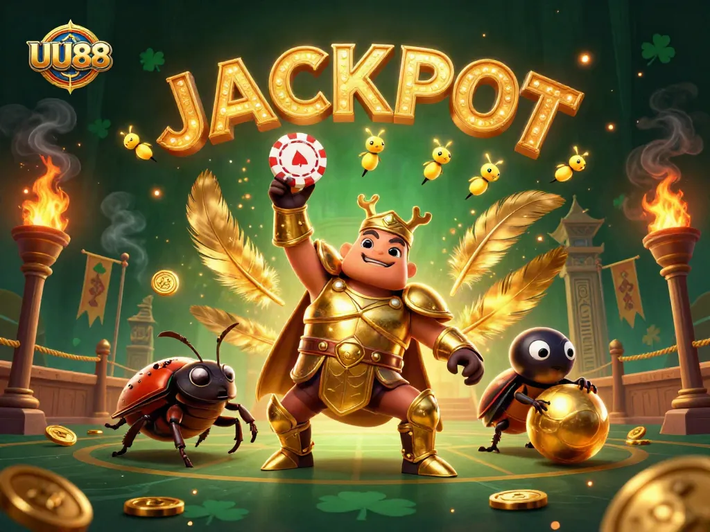 Witness UU88's thrilling jackpot with a victorious beetle lifting a poker chip in this vibrant 3D casino scene.