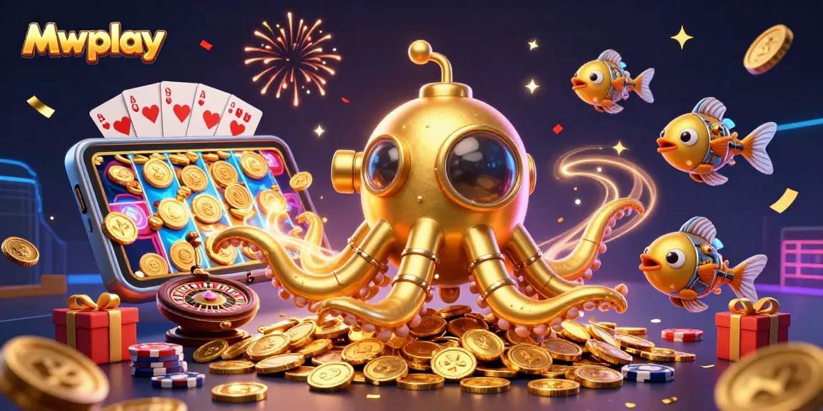 Experience exciting gaming at Mwplay with a 3D kraken submarine amidst golden coins and vibrant slot games.