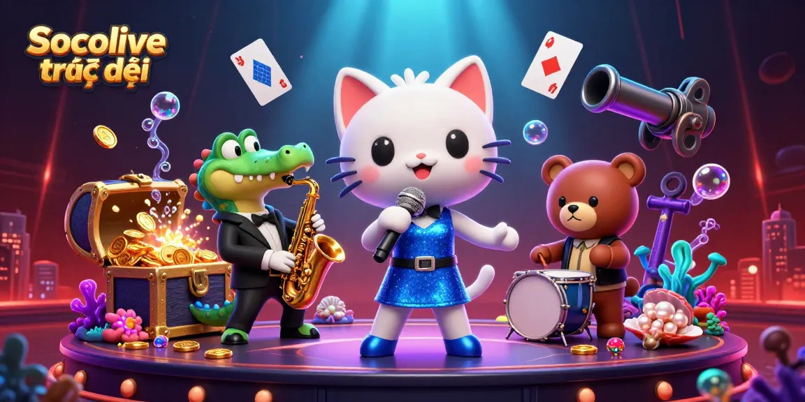 Socolive trực tiếp showcases a vibrant, entertaining casino scene with exciting musical characters and a dynamic backdrop.