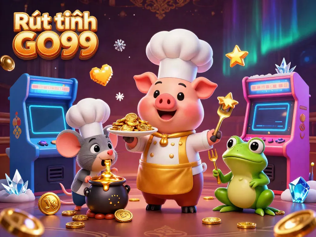Engage in Rút tiền GO99, featuring vibrant casino elements and cartoon characters celebrating winnings.