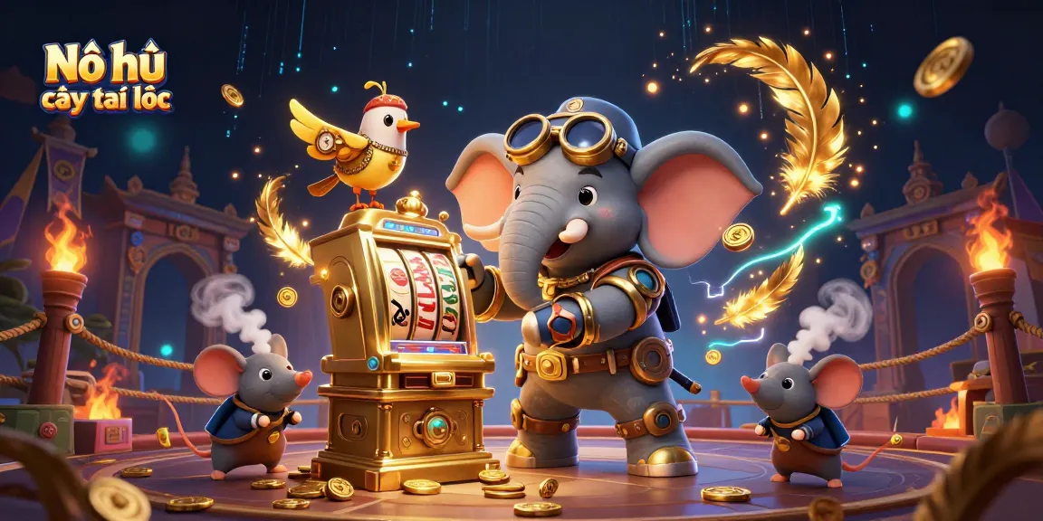 Nổ hũ cây tài lộc slot machine scene featuring a steampunk elephant and vibrant gambling elements