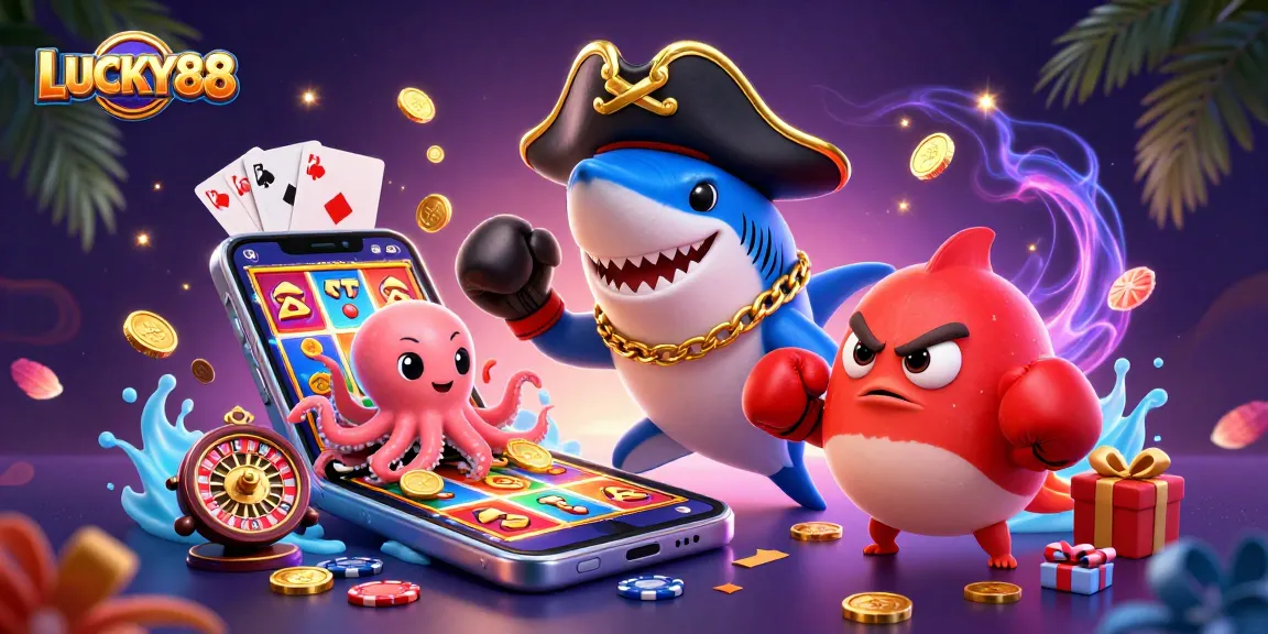 LUCKY88 slot game illustration with a cartoon pirate shark, pufferfish, and octopus amidst dynamic casino elements.
