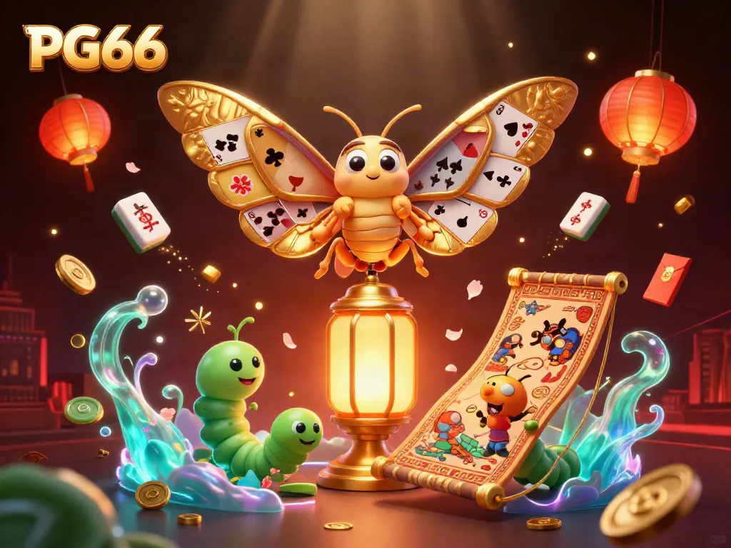 Play and win big at PG66 with a captivating 3D illustration showcasing casino elements.