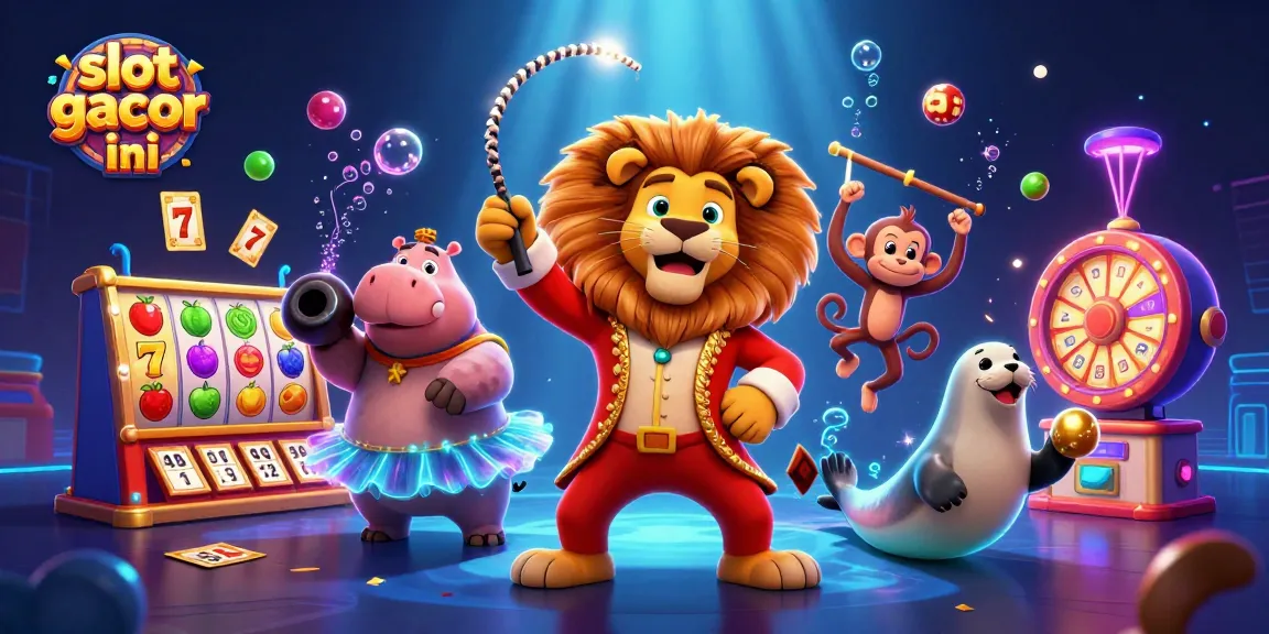 Experience slot gacor malam ini with a vibrant 3D illustration featuring circus characters and casino elements.