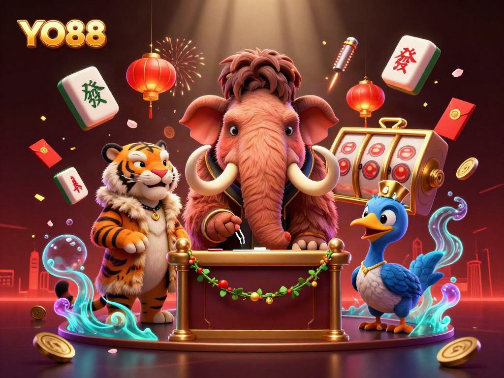 Experience excitement at YO88's casino with a mammoth bouncer and vibrant gaming elements.