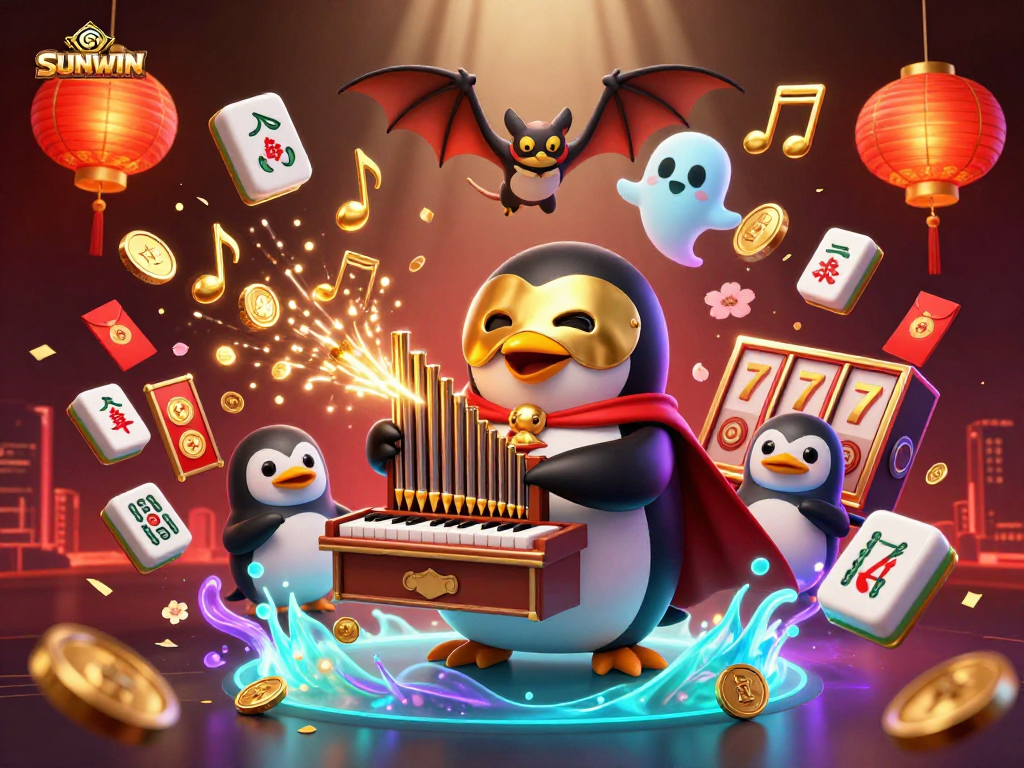 SUNWIN showcases a vibrant 3D casino scene with a penguin playing an organ shooting coins amidst slot elements.