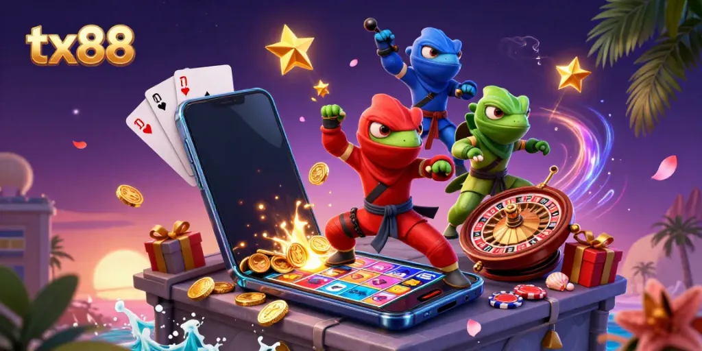 Experience exciting gaming moments with tx88 as chameleon ninjas showcase thrilling casino action in a vibrant 3D scene.