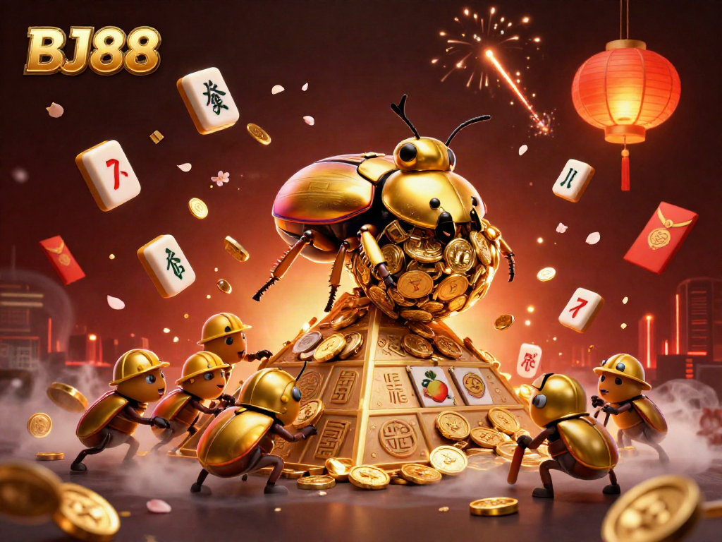 Engaging BJ88 themed illustration with golden beetles and casino elements, perfect for online betting