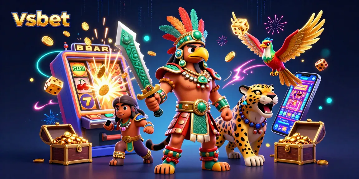 Experience exciting casino adventures with vsbet's vibrant 3D illustration featuring slot machines and characters.