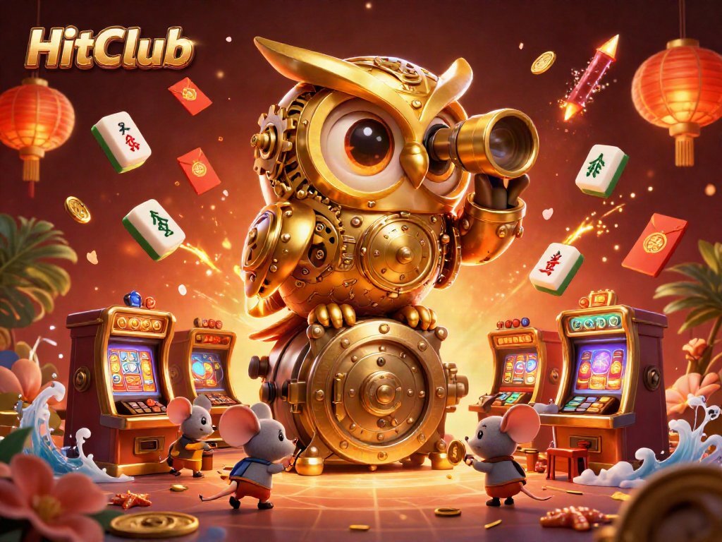 HitClub players engage in thrilling casino games surrounded by vibrant decorations and a golden owl.