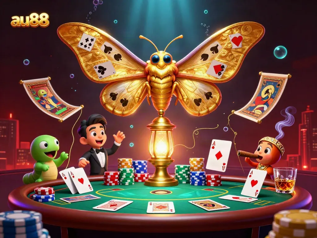 Engage with thrilling games at au88 featuring an exotic moth and vibrant casino scenes.