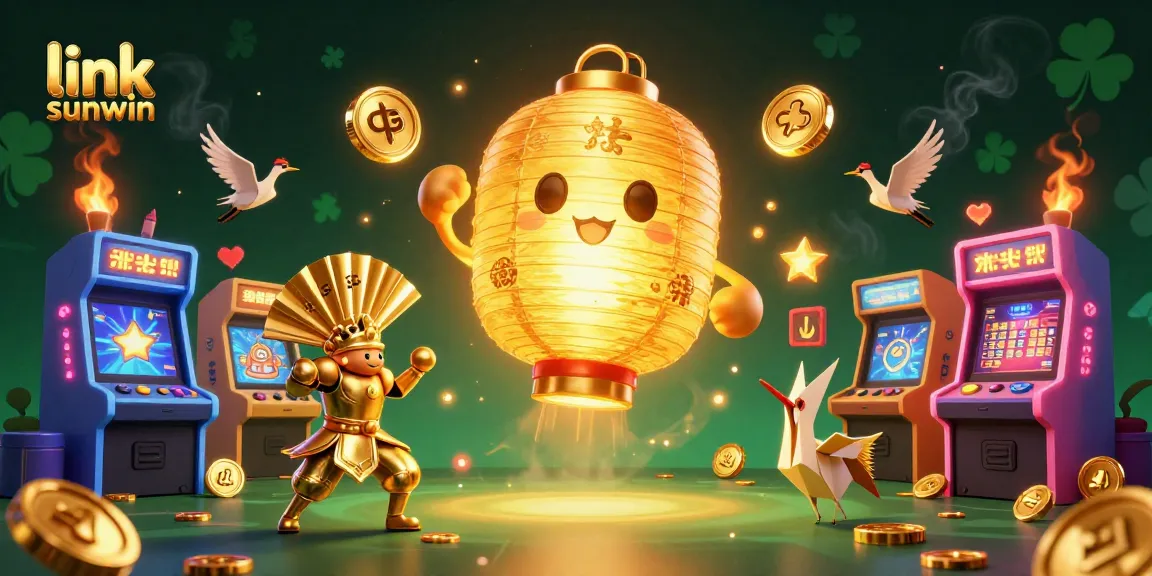 Engage with the vibrant link sunwin casino scene featuring a golden lantern spirit surrounded by arcade games and symbols of luck.