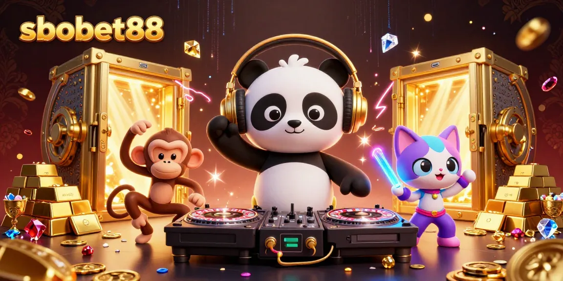 Menampilkan sbobet88 dengan DJ panda dan karakter sahabat dalam suasana kasino yang meriah.