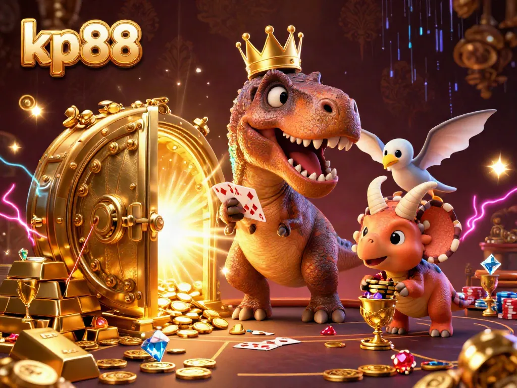Play exciting games at kp88 with a friendly T-Rex dealing cards and a baby triceratops stacking chips.