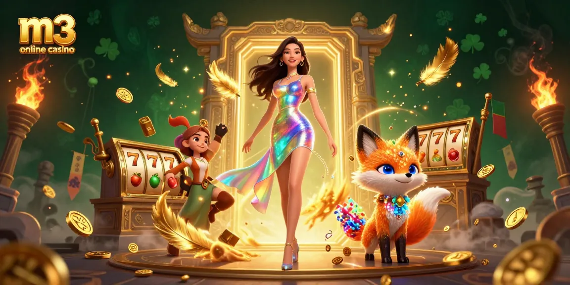 Experience thrilling gaming at m3 online casino with vibrant illustrations of dynamic characters and slot elements.