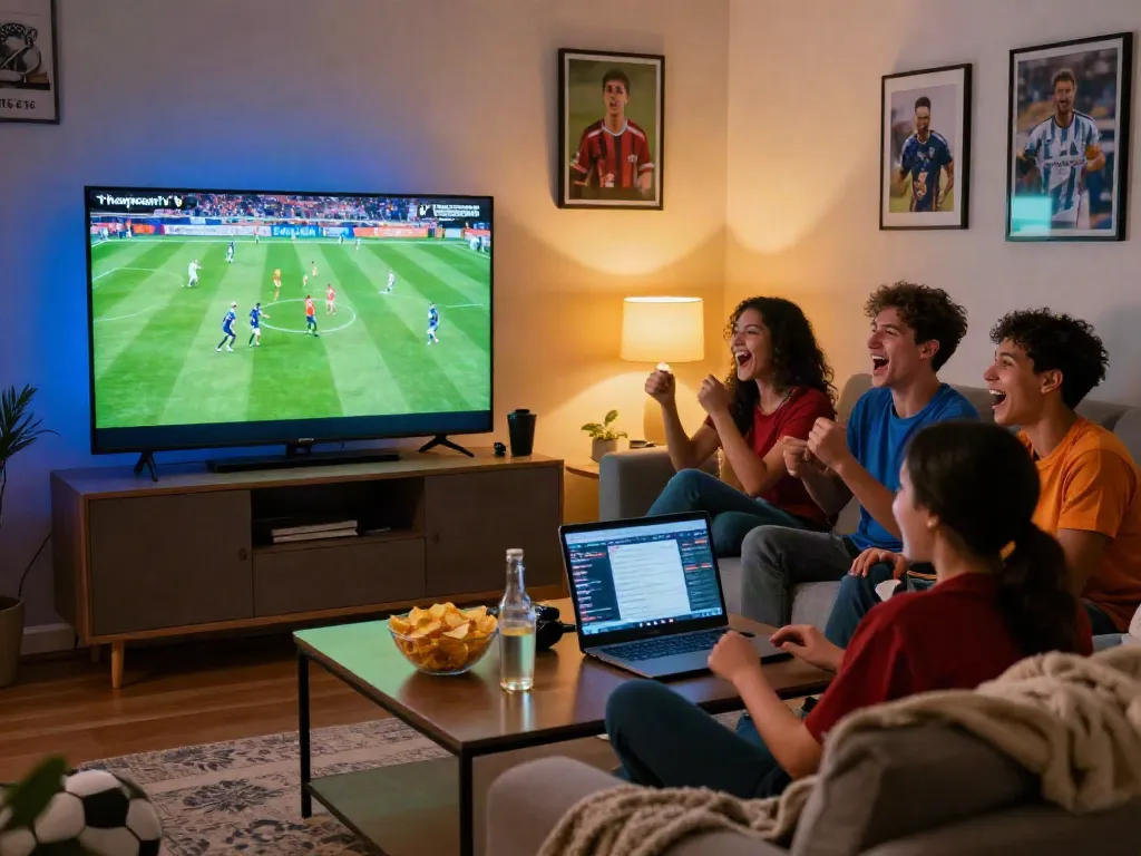 Friends enjoying a live football match on Thapcamtv in a cozy living room.