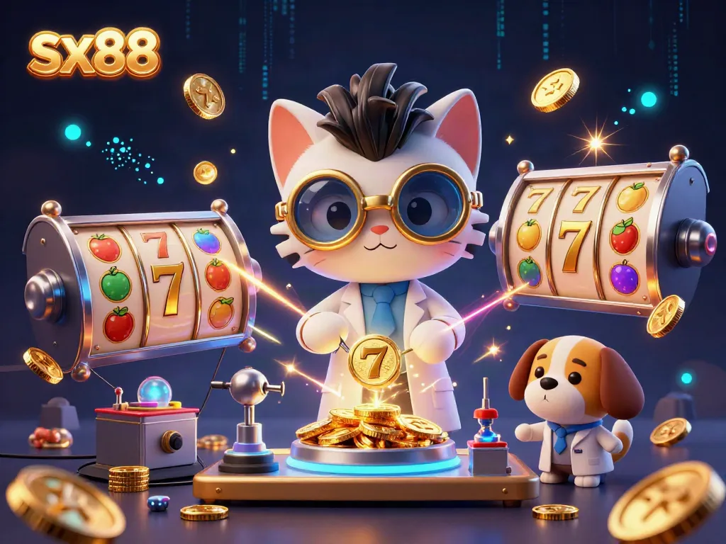 Experience thrilling gameplay at sx88 with a lively illustration of a mad scientist cat and dog amidst a vibrant casino scene.