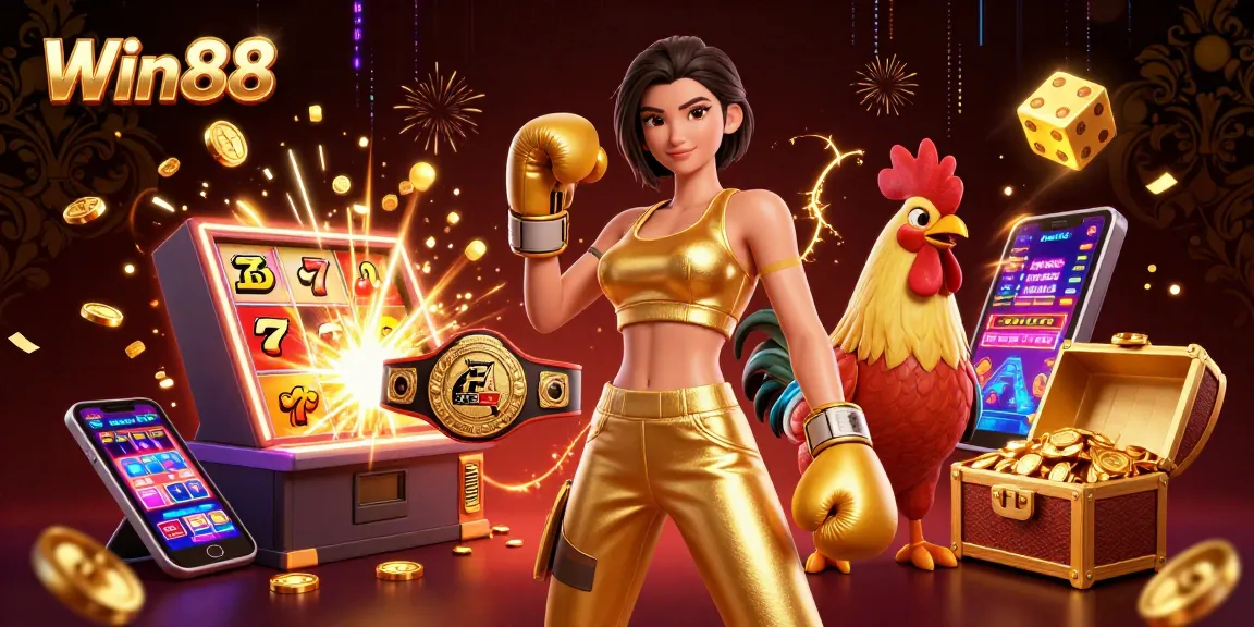 Win88 shows a powerful woman and cartoon rooster celebrating casino wins amidst vibrant slot machine elements.