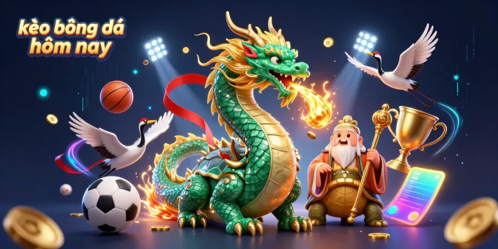 Experience thrilling kèo bóng đá hôm nay with a vibrant 3D dragon, turtle sage, and dynamic sports elements.