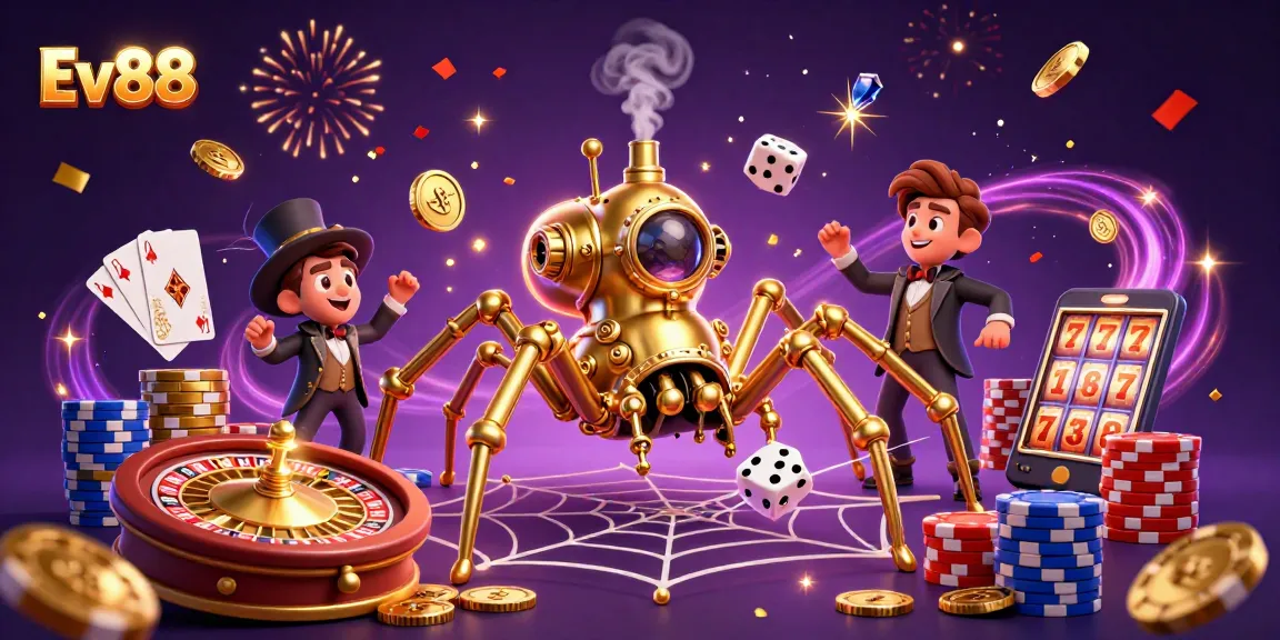 Ev88 offers an engaging gambling experience featuring a golden spider and animated casino elements.