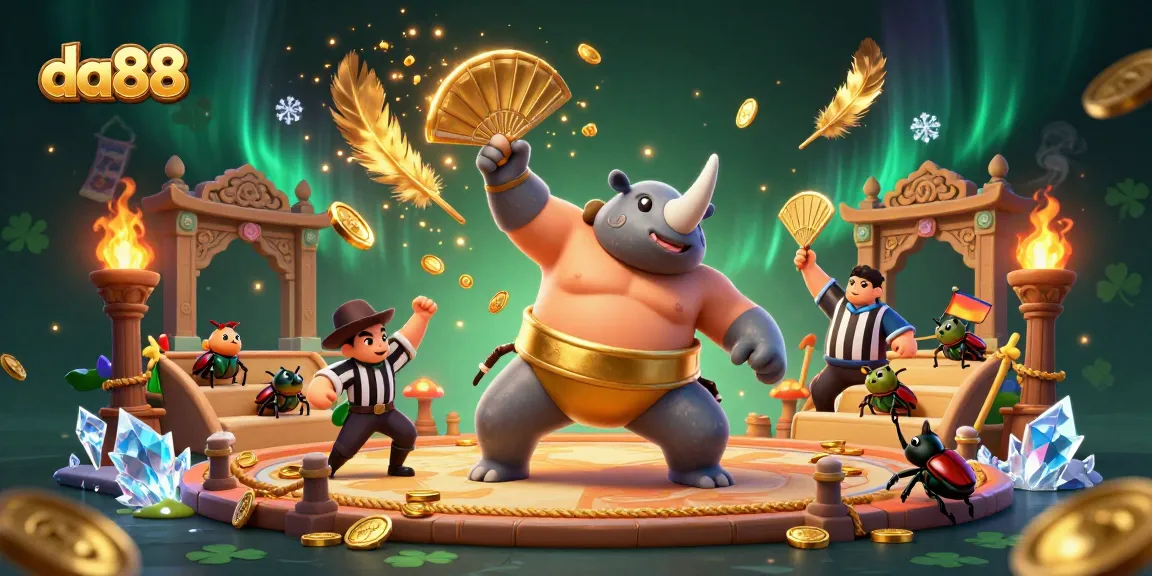 Experience thrilling da88 gaming action with a beetle sumo champion amidst flying gold coins.