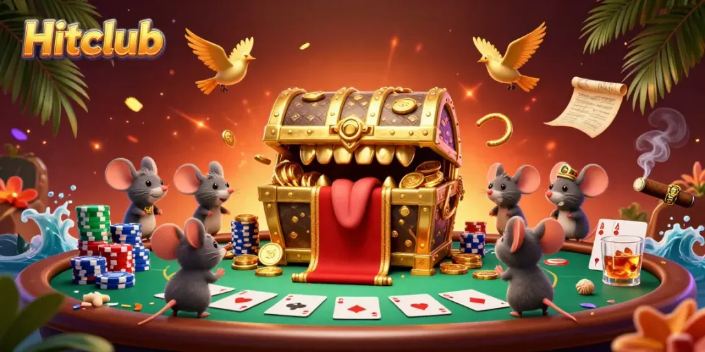 Experience thrilling gaming at Hitclub with a vibrant 3D casino scene full of treasures and poker excitement.