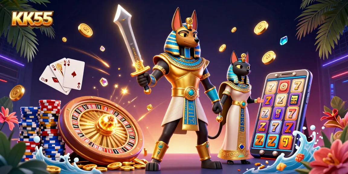 Spin and win big with KK55 in an enchanting 3D casino scene filled with treasure!