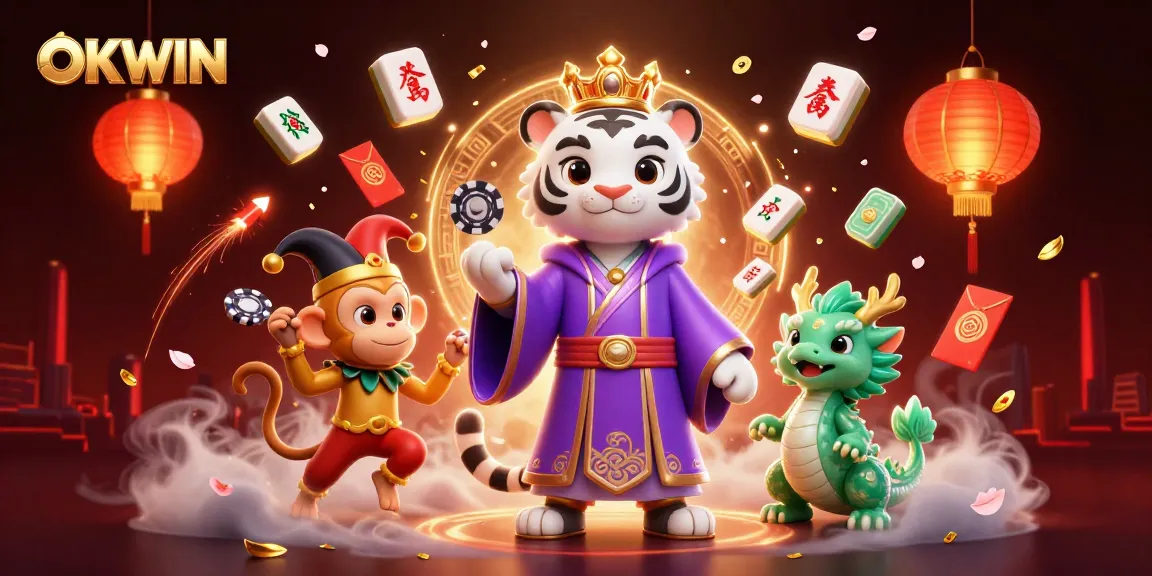 Experience thrilling play with OKWIN's engaging characters and festive elements in this vibrant casino illustration.