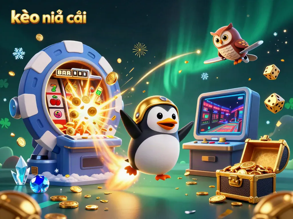 Experience kèo nhà cái with a vibrant 3D scene of a golden penguin and casino elements bursting with energy.