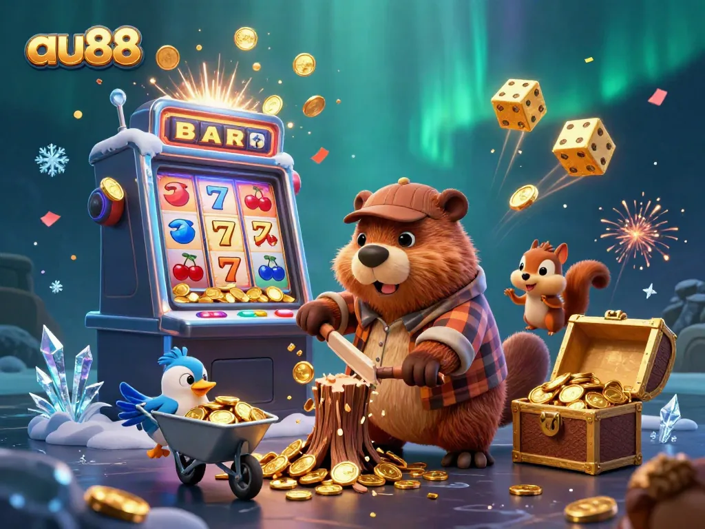 Play at au88 with a colorful scene featuring cartoon characters interacting with casino elements and winning coins.