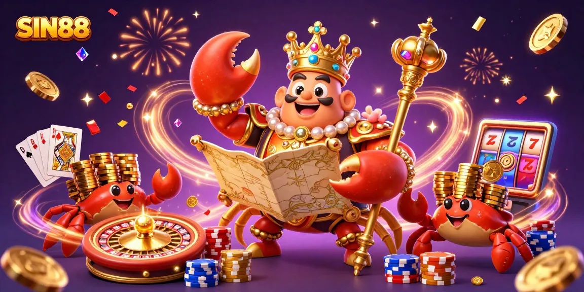 SIN88 showcases a golden crab emperor amid an exhilarating casino scene, marking the adventure of winning.
