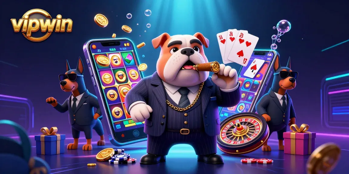 Experience the thrill of vipwin with a lively mafia boss bulldog surrounded by vibrant casino elements.