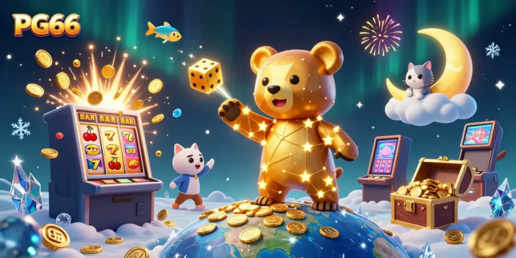 Engage with the dynamic world of PG66 as stars, coins, and casino elements collide in a vibrant illustration.
