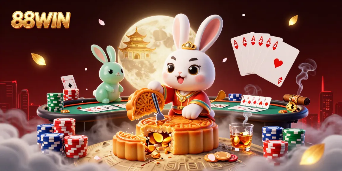 Engage with 88WIN's exciting casino world from the moon, featuring dynamic poker elements and vibrant illustrations.