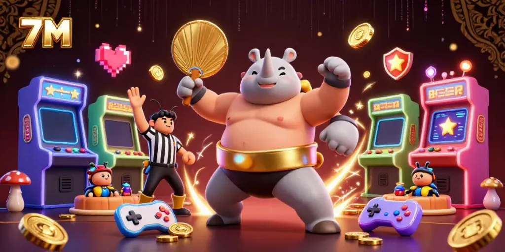 Betting on 7M interactive game dynamics showcased with a cartoon rhinoceros beetle champion and vibrant casino elements.