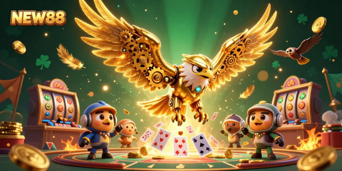 Experience thrilling casino action with NEW88, featuring a golden eagle diving amidst slot reels and gaming tokens.