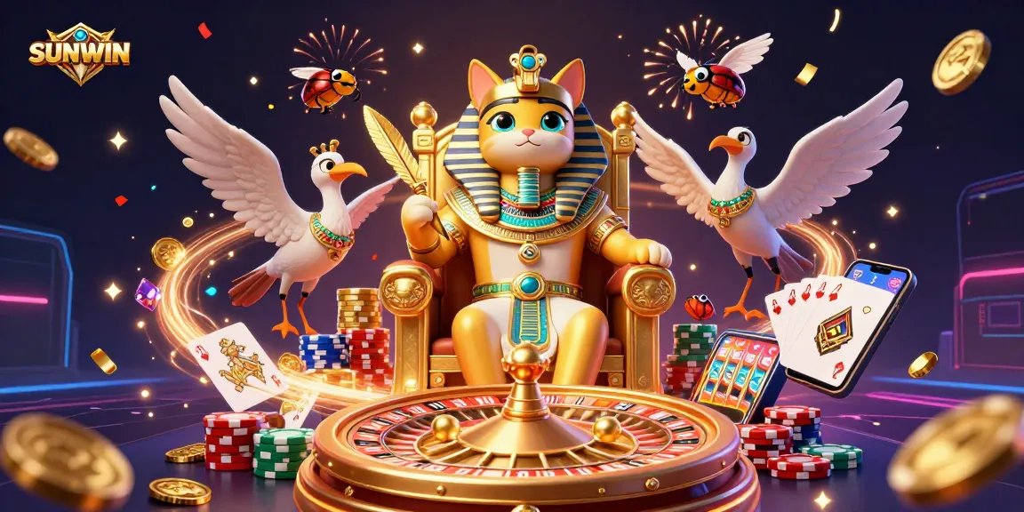 SUNWIN casino illustration with a pharaoh cat, coins, and a roulette wheel celebrating wins.