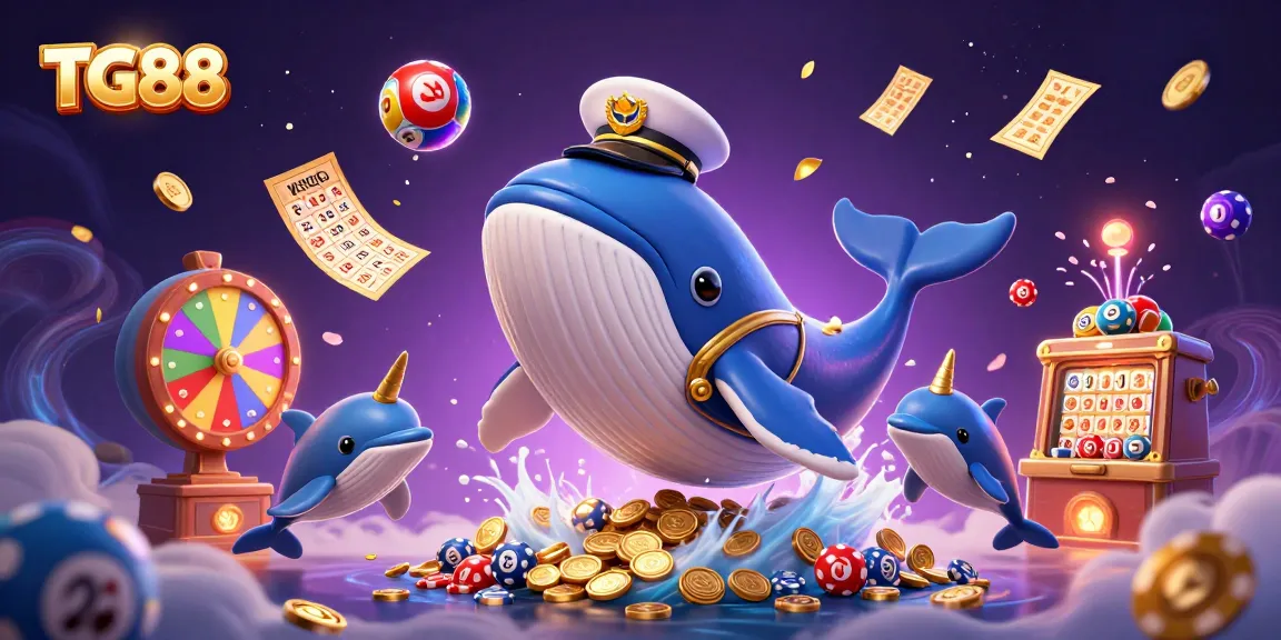TG88 brings excitement with a vibrant casino scene of animated characters and lottery elements.