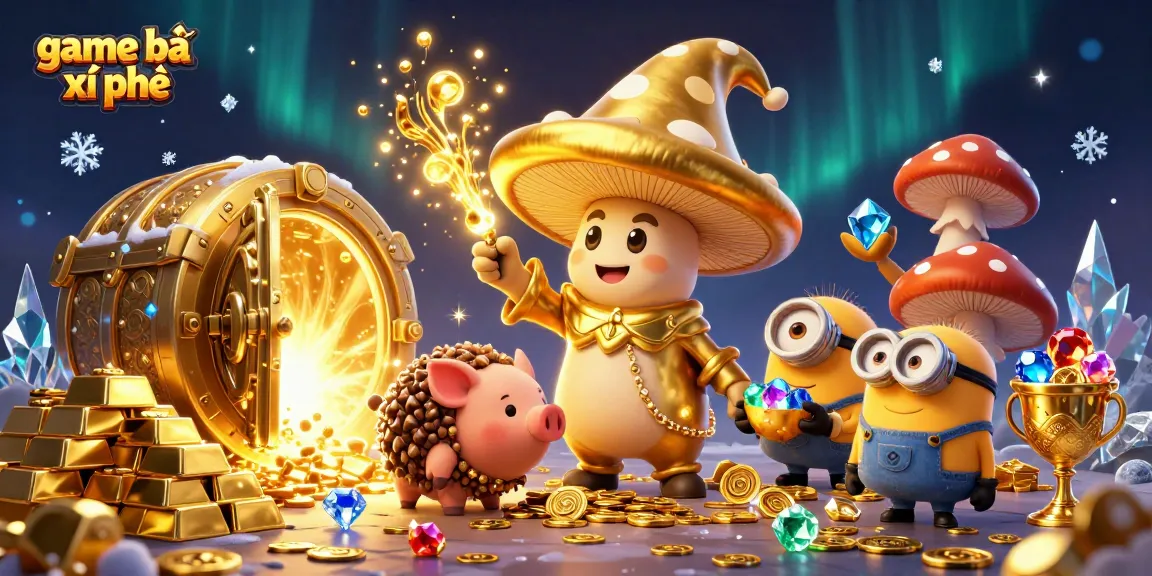 Engage in game bài xì phé with a vibrant 3D fantasy scene featuring golden treasures and magical characters.