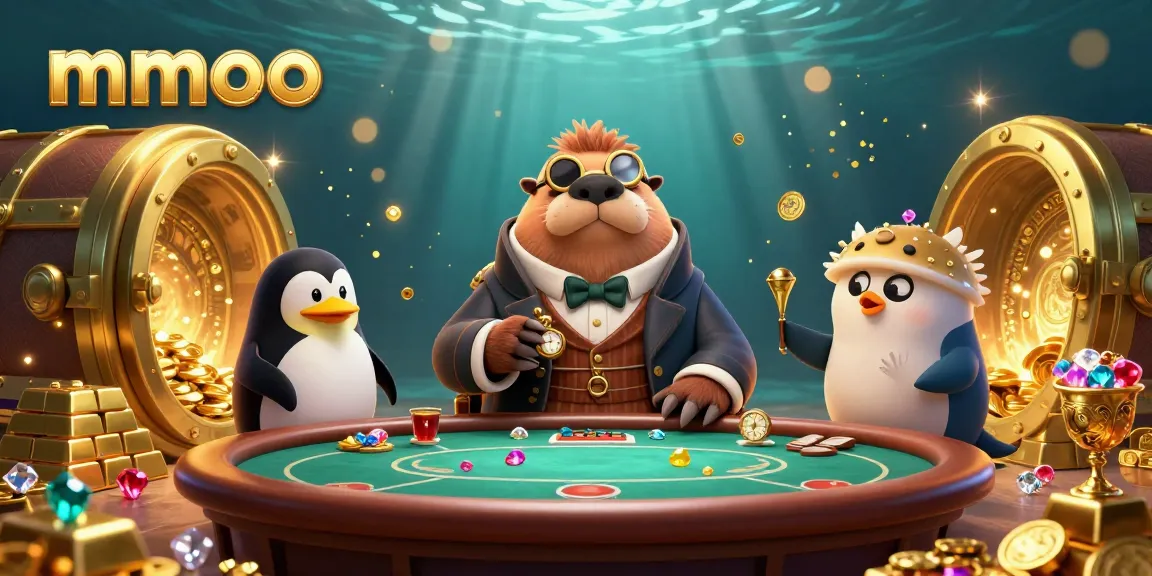 Engage in card games at mmoo's vibrant underwater casino with a jolly walrus and friends.