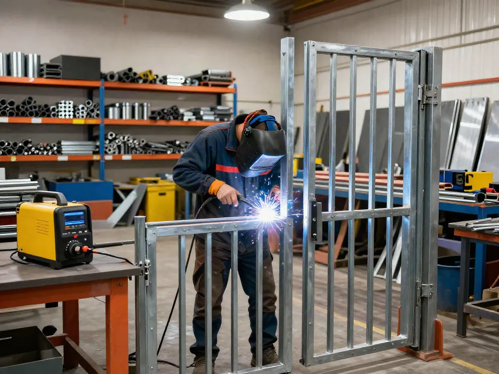 Skilled metal fabricator welding a custom gate in a bright workshop, showcasing craftsmanship and precise metalwork.