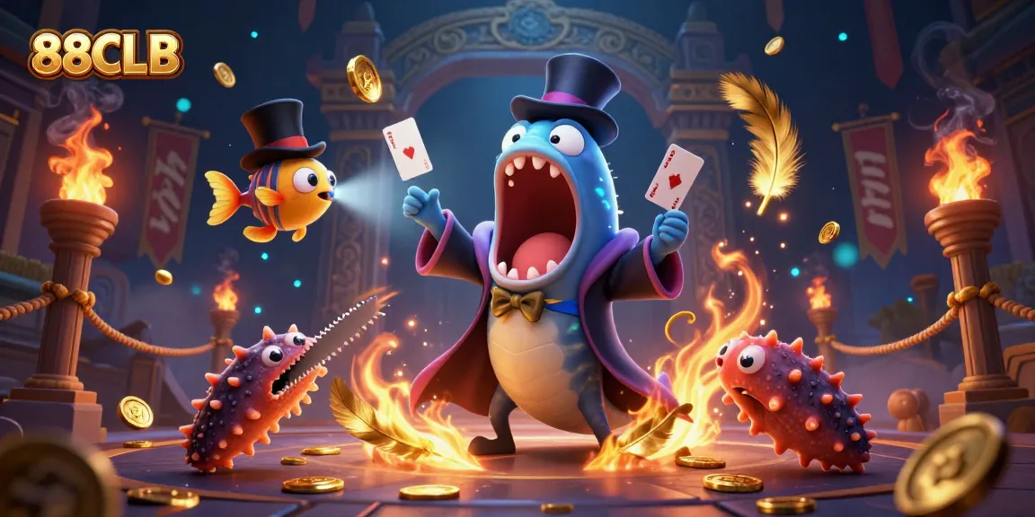 Experience the magic of 88CLB with a bioluminescent eel performing tricks and vibrant casino elements.