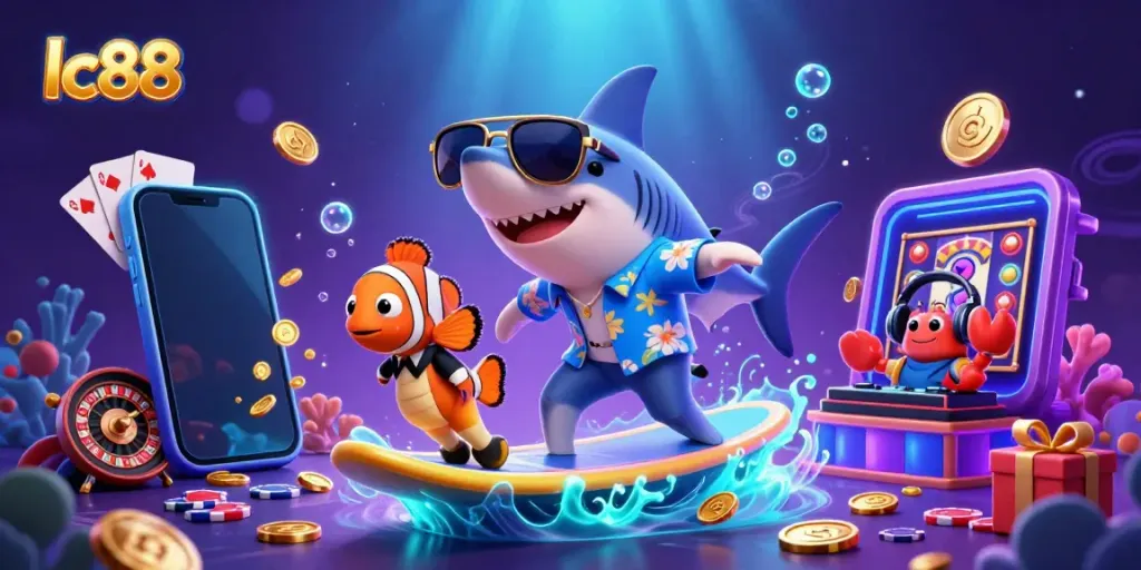 Experience the excitement of gambling with lc88, featuring a vibrant underwater casino scene.