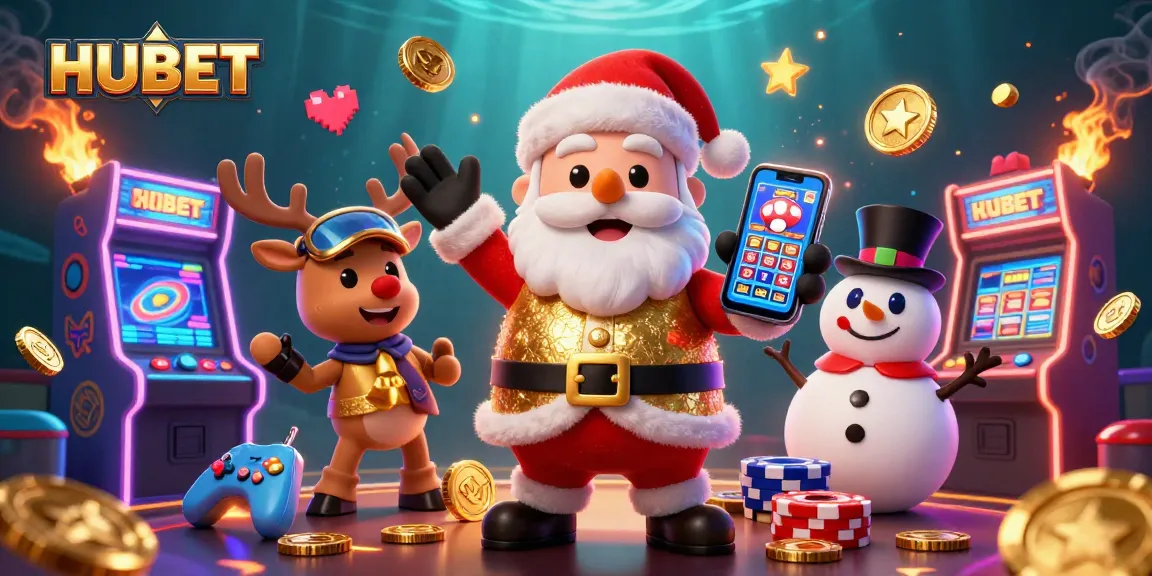 Experience exciting gameplay with HUBET's cartoon Santa and friends in a vibrant casino scene.